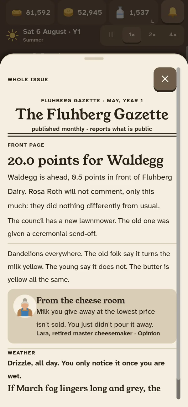 Screen from the game: The village paper comes out every month and reports what is public in the valley.