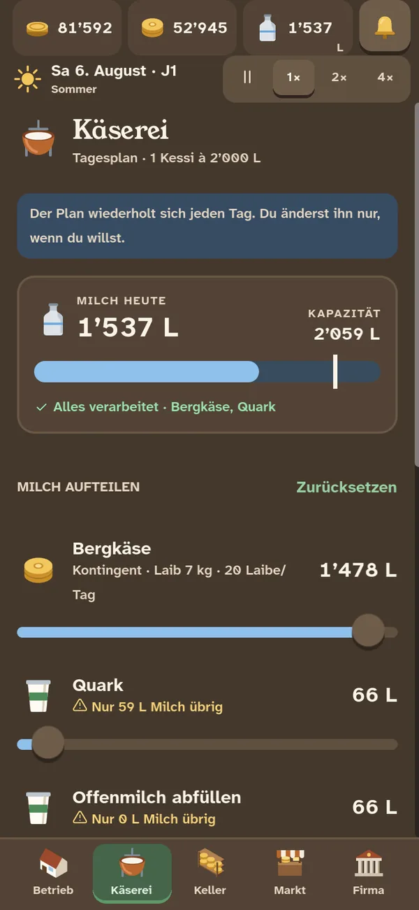 Screen aus dem Spiel: Der Tagesplan: 1’537 Liter Milch auf Bergkäse, Quark und Offenmilch verteilen.