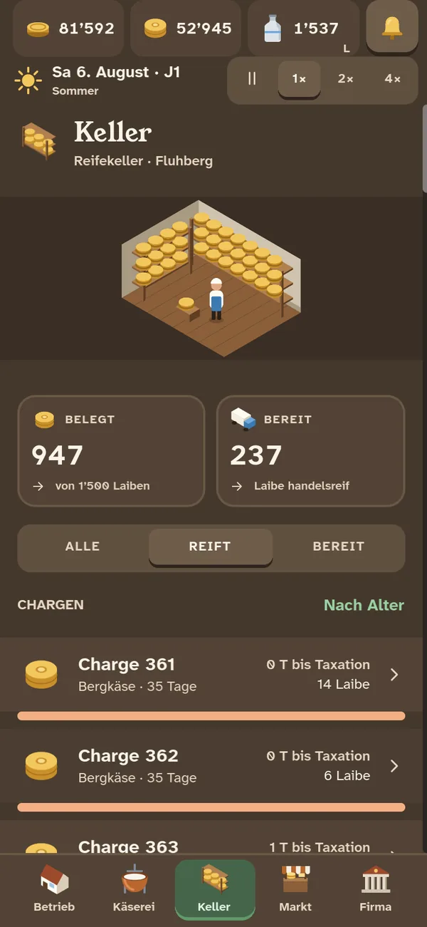 Screen aus dem Spiel: Der Reifekeller: 947 Laibe, 237 davon handelsreif.