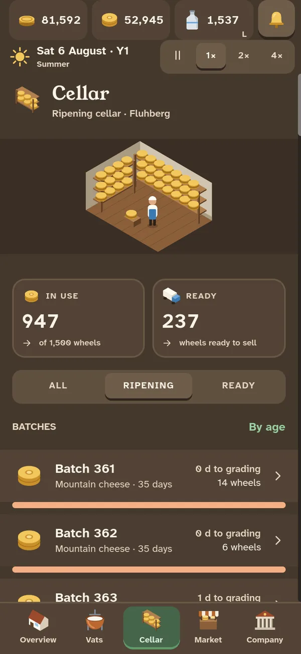 Screen from the game: The ripening cellar: 947 wheels, 237 of them ready to sell.